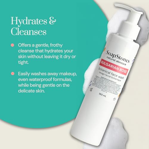 Soapstones Bulgarian Rose Botanical Facial Wash - 180ml - Gentle and Hydrating Skin Care Face Wash - Chamomile, Green Tea, and Cucumber Infused in a Rose Oil Cleansing Daily Care