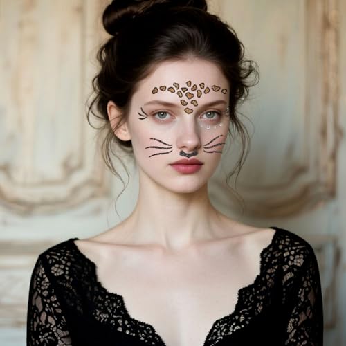 Leopard Print Temporary Tattoos, Self-Adhesive Leopard Face Jewels Cheetah Face Stickers for Halloween Costume Party Accessories