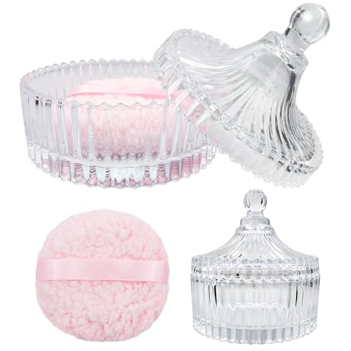 6'' Extra Large Dusting Powder Puff & Glass Container Set, Soft Reusable Velour Body & Face Puff, Luxury Smooth Finish, Easy Refill Powder Jar for Women