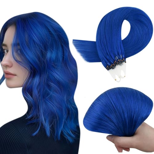 RUNATURE Colored MicroLink Hair Extensions Human Hair Blue Micro Bead Human Hair Extensions Straight Micro Loop Hair Extensions Silky Pre Bonded Micro Beads Hair Extensions Remy 14 Inch 25g 25s