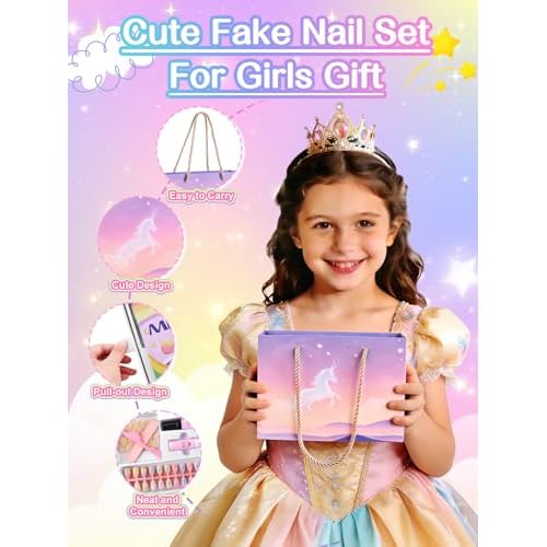 EBANKU 156 Pcs Press on Nail Kids Gift Box, 6 Pack French Flower Kid Flase Nails Kit with Nail Glue Set Fake Nail for Girls 5-10 Years Christmas Gift Set