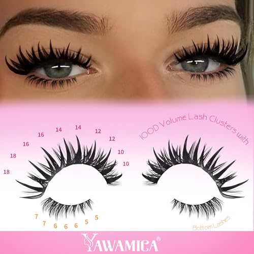 Yawamica Lash Clusters Kit Wispy Eyelash Clusters with Spikes and Bottom Lashes DIY Lash Extension Kit 10-18mm 100D Volume Individual Manga Lashes with 5-7mm Bottom Lash Clusters and Bond and Seal