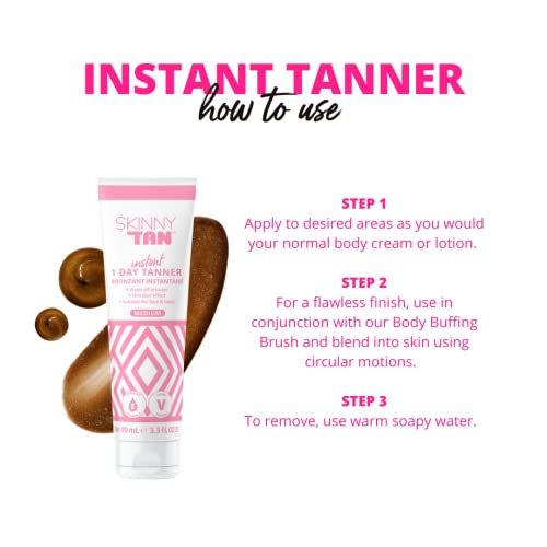 SkinnyTan 1 Day Instant Tanner - Self Tanning Lotion for Face and Body - Skin-Perfecting Coverage with Delicious Scent - Easy Rinse - Medium - 3.3 oz