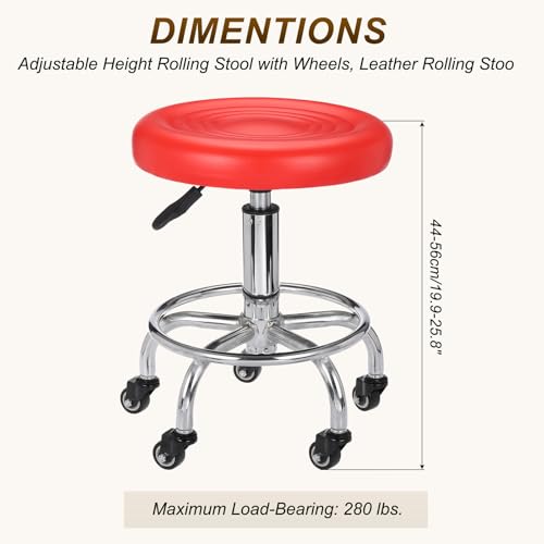PATIKIL Adjustable Height Rolling Stool with Wheels, PU Leather Round Rolling Desk Stool for Tattoo Massage Salon Spa Salon Teach Facial Office, Red