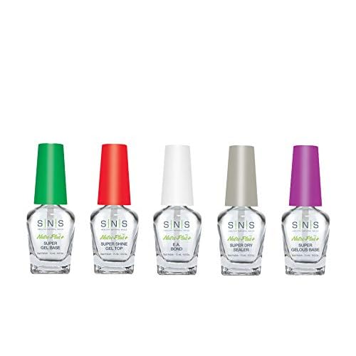 SNS Dip Powder Bases and Sealers Set, 5-Pack - Long-Lasting & Fast-Drying Nail Adhesives & More for Quality Manicures - Featuring Low-Odor Formulas to Be Used with Dipping Powders, 0.5 Fl Oz Each