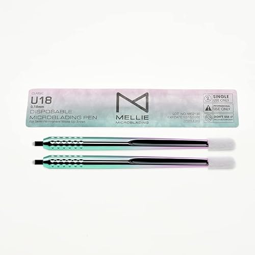 PACK OF 10 - Mellie Microblading Disposable Microblading Pen with Pigment Sponge Disposable Tool For Creating Eyebrows Microblading Supplies (Rainbow, U18 .18mm)