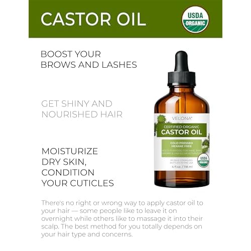 velona USDA Certified Organic Castor Oil - 4 fl oz (With Dropper) | For Hair, Boost Eyelashes, Eyebrows | Cold pressed, Natural Oil USP Grade | Hexane Free