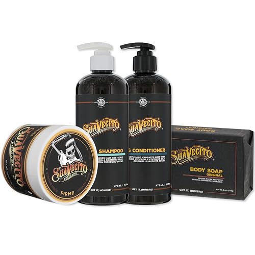 Suavecito Hair & Body Essentials 4 Piece Set - Includes Styling Pomade, Moisturizing Body Soap Bar, Hydrating Shampoo & Nourishing Conditioner
