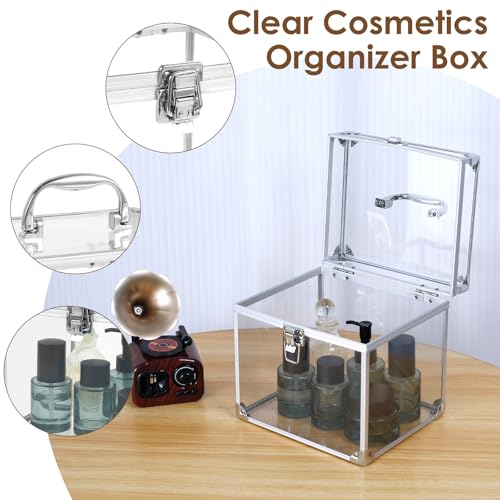 Crown Boxes for Pageants 7.9 X 6.7 X 7.5 In Clear Large capacity Makeup Train Case Cosmetic Case with Latches and Handle Toiletry Organizer Box Travel Makeup Tools Storage Organizer Box