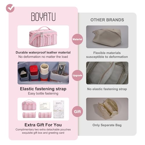 BOYATU Travel Makeup Bag for Women: Large Capacity Open Flat Make up Bag Set of 3 - Vegan Leather Cosmetic Bag with Compartments - Waterproof Toiletry Bag with Handle & Divider(I-1-Pink)