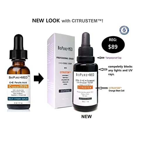 BioPureMED 25% Vitamin CE+Ferulic Acid Serum for Face: Anti Wrinkle Serum Retinol 22, Hyaluronic Acid Best Organic Korean Skin Care Vitamin C Serum/Face Moisturizer