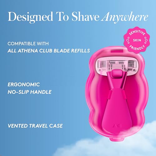 Athena Club Mini Razor Kit for Women, Travel Size 5-Blade Cartridge Razor for Sensitive Skin, Serum-Infused Blades with Shea Butter and Hyaluronic Acid, Includes Handle, Refill, TSA Friendly Case