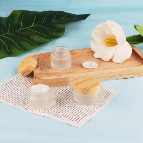 20 Pcs Frosted Glass Jars Reusable Cosmetic Canning Container with Wood Grain Lid for Lip Scrub Cream Lotion Ointments Powder - 5g/0.17oz