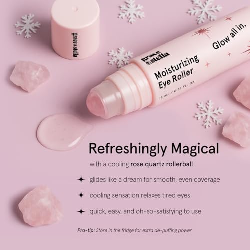 grace & stella Under Eye Brightener with Rose Quartz Rollerball - Hyaluronic Acid, Centella Asiatica & Caffeine Under Eye Serum for Dark Circles & Puffiness - Gifts for Women, Vegan (15ml / 0.51floz)