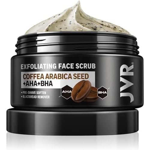 JVR Face Scrub for Men, Facial Scrub for Deep Exfoliating, Cleansing Blackheads, Ingrown Hair, Pre-shave Soften, Organic Formulated with Coffee Extract, AHA and BHA Face Exfoliator (4.23 oz)