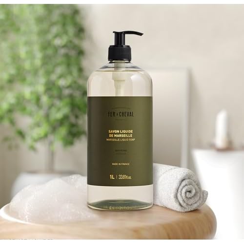 Fer a Cheval Marseille Liquid Soap, Verbena, 1 L / 33.8 fl oz ? Gentle French Hand and Body Wash with Shea Butter ? Fresh Citrus Scent