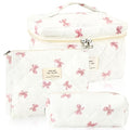 3Pcs Cotton Quilted Makeup Bag for Women Extra Large Coquette Small Floral Travel Cosmetic Bag Set Aesthetic Cute Bow Makeup Pouch Portable Toiletry Bag Puffy Essential Storage Organizer