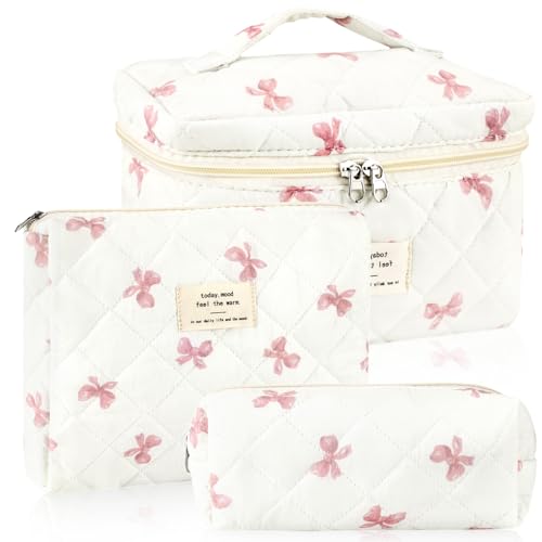 3Pcs Cotton Quilted Makeup Bag for Women Extra Large Coquette Small Floral Travel Cosmetic Bag Set Aesthetic Cute Bow Makeup Pouch Portable Toiletry Bag Puffy Essential Storage Organizer