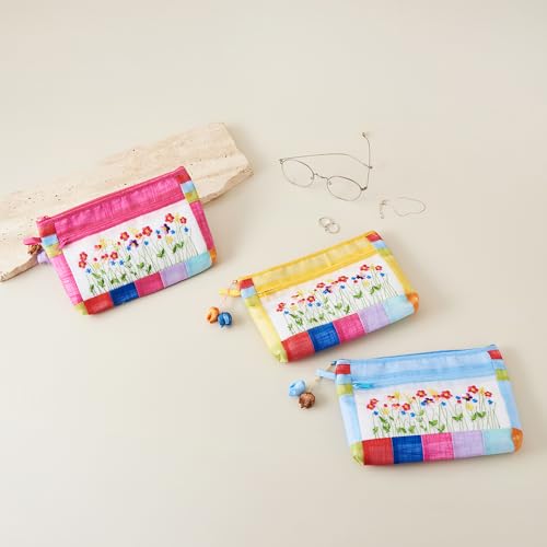 Korean Traditional Patchwork Pouch ? Hand-Embroidered Floral Design with Zipper (Light Blue)