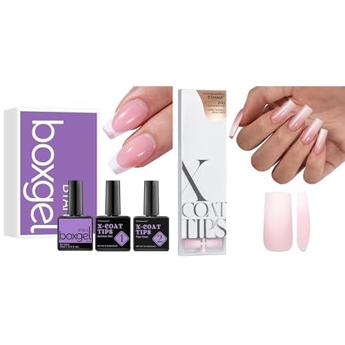 btartboxnails Pink Long Square Ombre Nails XCOATTIPS and Nail Gel Glue, Builder Gel, Top Coat Set