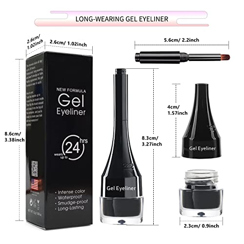 2-in-1 Gel Eyeliner Set, Tattoo Eyeliner Waterproof Smudge Proof Gel Cream Eye liner Pot with Brush, High Pigment Eye Makeup for Women (Black)