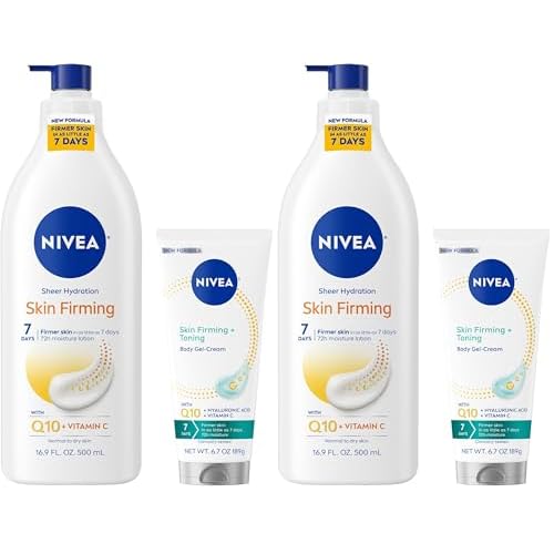 NIVEA Sheer Hydration Skin Firming Body Lotion (16.9 Fl Oz) + Skin Firming & Toning Body Gel Cream with Hyaluronic Acid (6.7 Oz),Enriched with Q10 and Vitamin C,(Pack of 4)