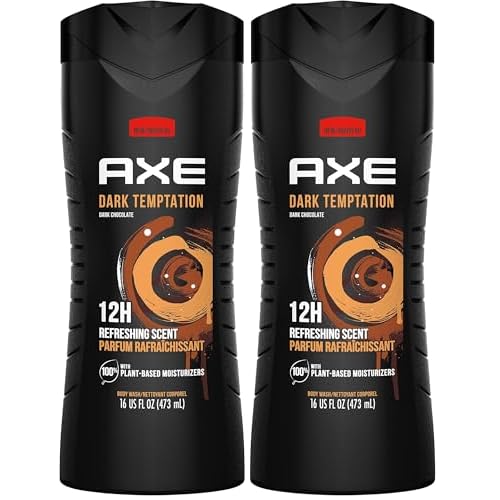 AXE Body Wash 12h Refreshing Scent Dark Temptation Dark Chocolate Men's Body Wash with 100 percent Plant-Based Moisturizers 16 oz (Pack of 2)