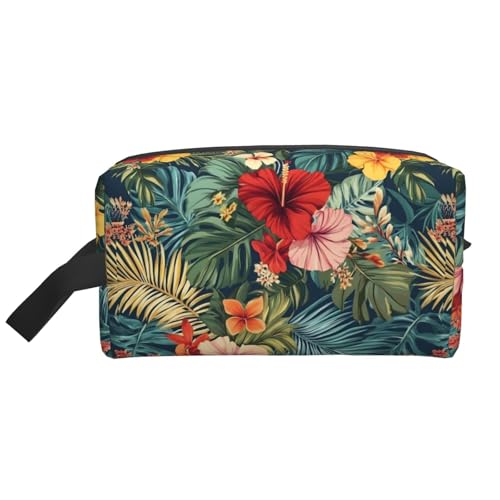 Tropical Flowers Travel Makeup Bag Hawaiian Palm Leaf Cosmetic Bags Large Zipper Women Purse Portable Traveling Organizer Pouch for Ladies