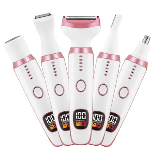 Electric Razors for Women, Bikini Trimmer for Women 5 in 1 Body Shaver for Nose Hair Face Eyebrow Arms Legs Armpit Underarm Pubic Area, Replaceable Lady Facial Razor Painless USB Charge Female Gift