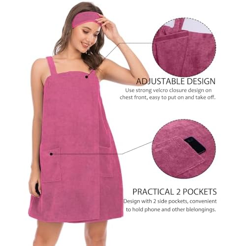 Rubehoow Robe Women's Towel Wrap Bathrobe with Adjustable Velcro Closure with Pockets & Facial Hairband