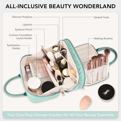 Travel Makeup Bag for Women Fashion Large Capacity Pouch Open Flat Cosmetic Portable Organizer Waterproof Large Opening Storage Toiletry Bags Vertical Free-Standing Brush Holder for Easy Access Blue