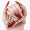 Luxury Ombre Red Glitter Gems Handmade Press On Nails,Long Square Glue On Nails,Glitter Full Covered Gems Charming False Nails For Women And Girls,10Pcs/Set With Glue,(Red-M),FOB