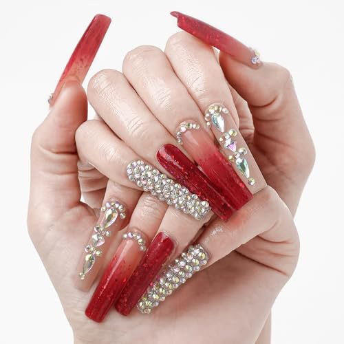 Luxury Ombre Red Glitter Gems Handmade Press On Nails,Long Square Glue On Nails,Glitter Full Covered Gems Charming False Nails For Women And Girls,10Pcs/Set With Glue,(Red-M),FOB