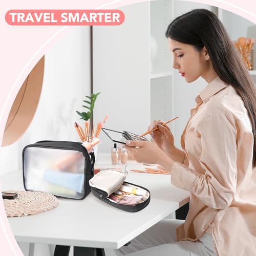 Travel Toiletry Bag 5-Piece Kit, Hanging Toiletries Bag+TSA Approved Cosmetic Bag+Jewelry Bag+ Brush Bag+Cable Bag, Professional Travel Essentials Accessories Organizer for Women- Black