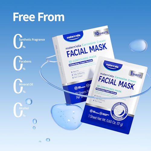 matern'ella Carnosine Cream Facial Mask with Pro-Xylane & Peptides, Anti-Aging, Plant Extract Based, 3D Contoured Face Mask for Wrinkles, Elasticity & Deep Hydration, Paraben & Fragrance Free, 4 pcs