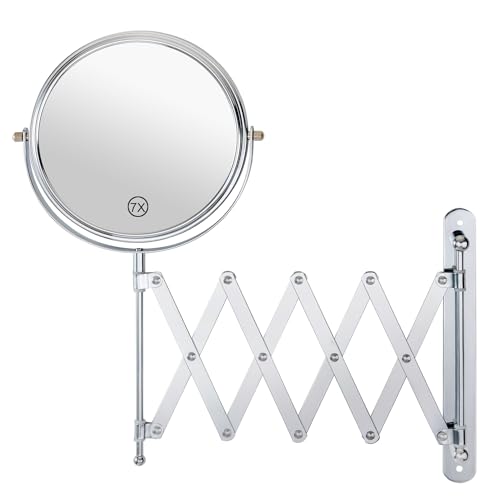 Welllink 7Inch Wall Mounted Double Sided Mirror, Accordion Makeup Mirror with 1X/7X Magnification, Chrome Finish, High-Definition Glass, Space Saving Screw Mount