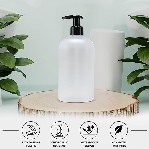 Bottiful Home-16 oz Empty PET Plastic Refillable Bottles-Set of 4-with Lotion Pumps for Shampoo, Conditioner, Body Wash, Hand Soap, Dish Soap, Lotion, Cleanser-Drip Free, Rust-Free (Frosted Clear)