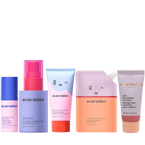 Evereden Kids Travel Set: Clean & Vegan 5-Piece Holiday Gift Set | Multi-Vitamin Skin Care Set for Toddlers with Detangling Spray, Face Wash, Cream, Shampoo, Conditioner | Travel Size Toiletries