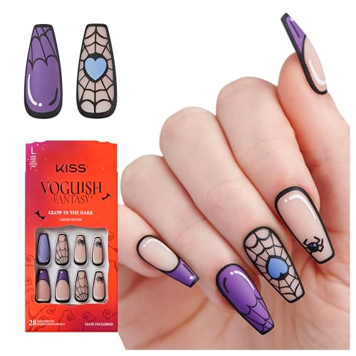 KISS Voguish Fantasy Halloween Press On Nails, ¡®Moonlit Magic¡¯, Purple, Long Coffin, Glow In The Dark Effect, Matte Finish, Pink Gel Nail Glue (2g), 28 Fake Nails
