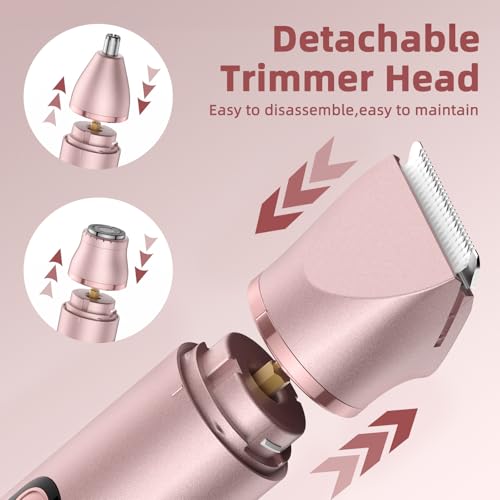 Bikini Trimmer for Women, Painless Lady Shavers with Facial Hair Removal and Nose Hair Trimmer for Leg, Nose,Body and Armpit (Rose Gold)