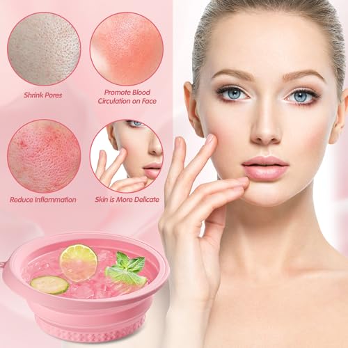 Silicone Face Ice Bath Bowl bowl with Built-In Icetray,Silicone and Foldable Face Tub,Ice Bath Water Chiller,Skin Tightening and Acne Relief for Home & Travel (Pink)