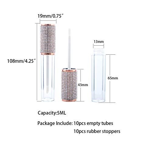 10 Pack Diamond Lip Gloss Wand Tubes, 5ml Empty Containers, Lip Balm Bottles with Rubber Stoppers for Cosmetic Business (Crystal Rhinestone)