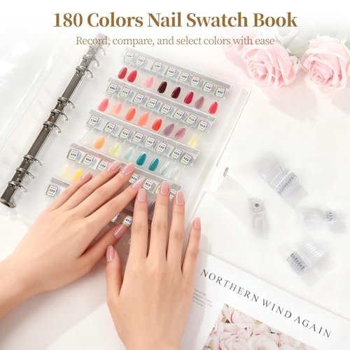 180 Colors Nail Swatch Book With Strong Attachment Force, Nail Organizer Storage with Transparent Nails for Gel Polish Showing, False Nail Tips, Salon Nail Art Color Chart, 11 x 8.1 in