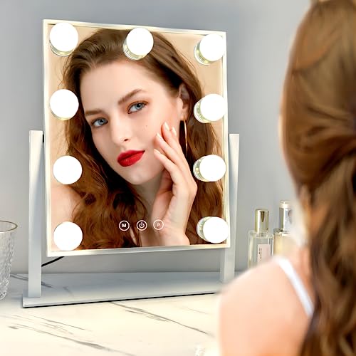 Vanity Mirror with Lights, Hollywood Vanity Makeup Mirror with 9 Dimmable LED Bulbs, 3 Color Lighting Modes, Detachable 10X Magnification, 360¡ÆRotation,White