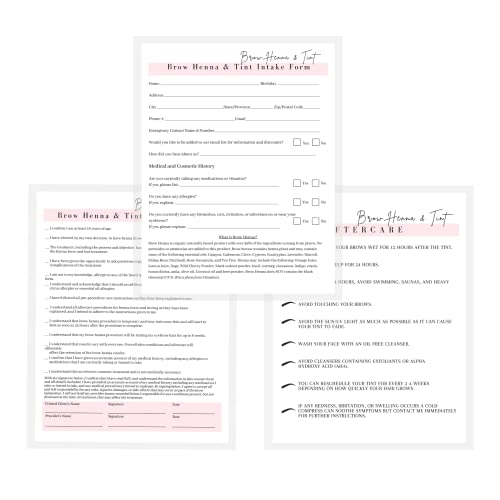 Brow Henna and Tint Intake Forms, Consent, and Aftercare Instruction Cards | 75 pk, 25 of Each | for Client Signature Medical History Information 8.5x11¡± A1