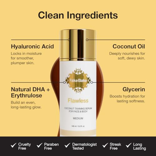 Fake Bake Flawless Coconut Sunless Tanning Serum with Hyaluronic Acid Lightweight Illuminating Face & Body Gradual Self Tanner - Hydrating & Rejuvenating Skin Care for Women & Men - 5 oz