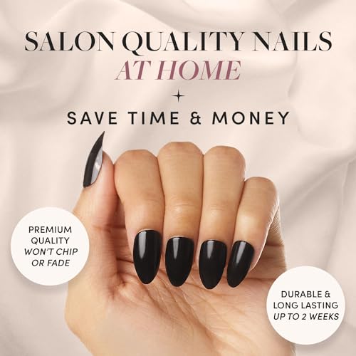 Glamnetic Press On Nails & Brush On Nail Glue Bundle - Boba | Opaque Black Short Almond Nails, Reusable | 12 Sizes - 24 Nail Kit