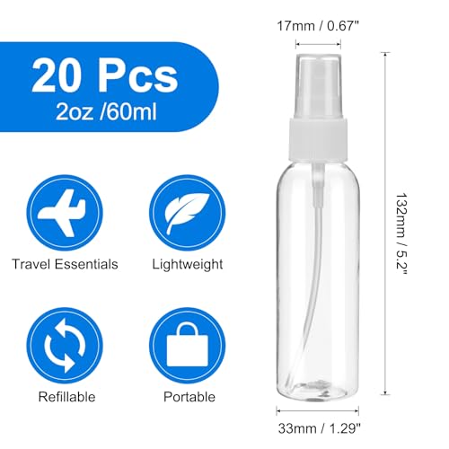 uxcell 20Pack Spray Bottles, 2Oz/60ML Clear Empty Mist Plastic Mini Travel Bottle Set,Small Refillable Liquid Containers for Household Use, Essential Oil, Cleaning (Transparent White)