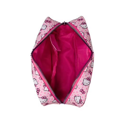 Impressions Vanity Hello Kitty Pink A Dot Cosmetic Pouch for purse With Silver Hardware, Polyester Lined Interior Travel Makeup Bag Organizer with Inner Slip Pocket and Hello Kitty Pink A Dot Artwork