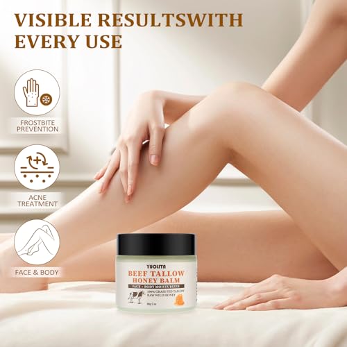 Beef Tallow for Skin, Beef Tallow and Honey Balm, Unscented Grass-Fed Beef Tallow & Raw Wild Honey Balm, All-Natural Moisturizer Hydrating Nourishing for Face & Body - 2 oz